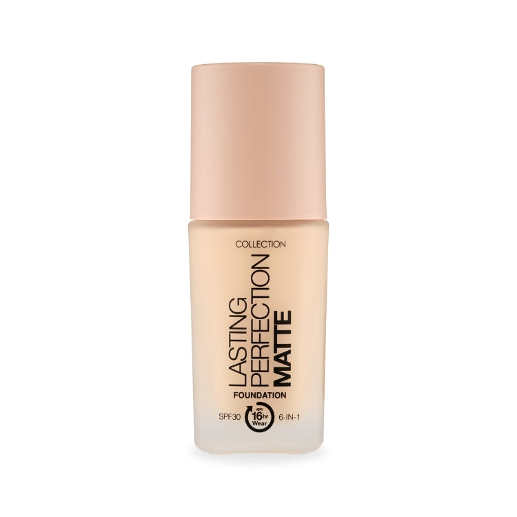 Lasting Perfection Matte Foundation in een lichtroze fles met een handige pomp, ideaal voor een matte finish.