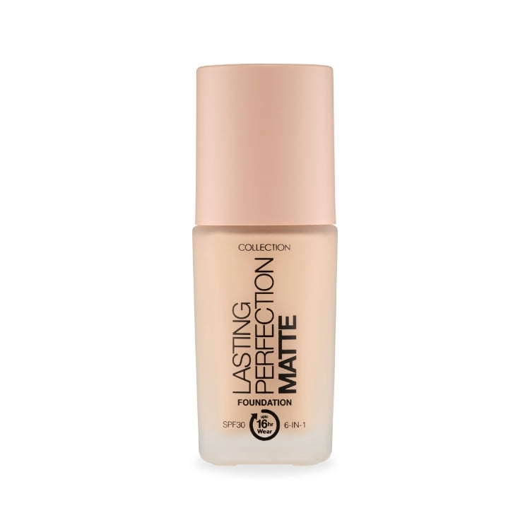 Lasting Perfection Matte Foundation in een lichte, glazen verpakking met een matte afwerking en een handige pomp.