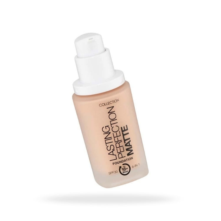Lasting Perfection Matte Foundation in een lichtroze fles met pomp, ideaal voor een matte finish.