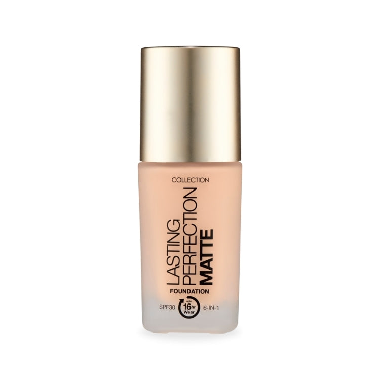 Lasting Perfection Matte Foundation in een elegante glazen flacon met gouden dop, ideaal voor een matte finish.