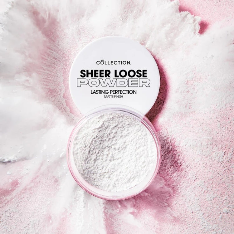 Lasting Perfection Loose Powder - Transparent, witte poeder in een ronde, doorzichtige verpakking met een matte finish.