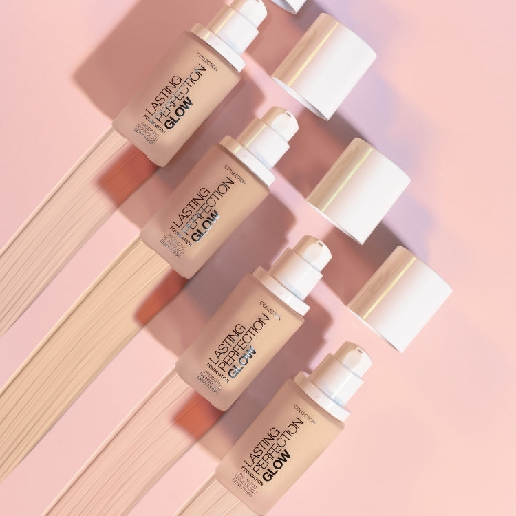Lasting Perfection Glow Foundation in verschillende tinten, met een moderne pompverpakking op een zachte roze achtergrond.
