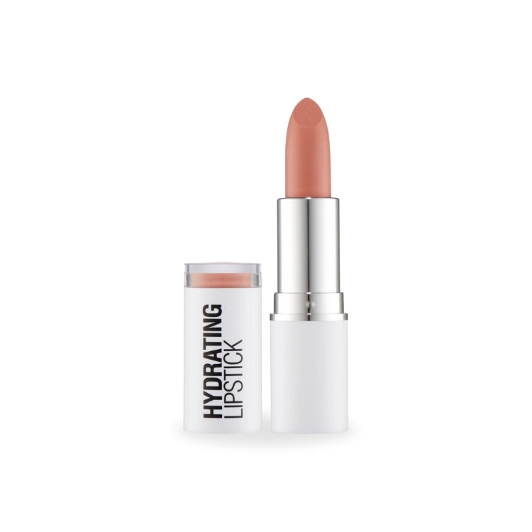Hydrating Lipstick in een zachte nude kleur, met een moderne, witte verpakking en een glanzende afwerking.