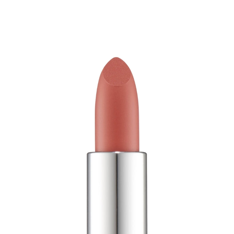 Hydrating Lipstick in een zachte nude tint, met een gladde, afgeronde punt en een elegante zilveren verpakking.