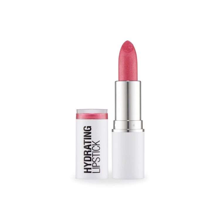 Hydrating Lipstick in een zachte roze tint, verpakt in een stijlvolle witte huls met zilveren details.