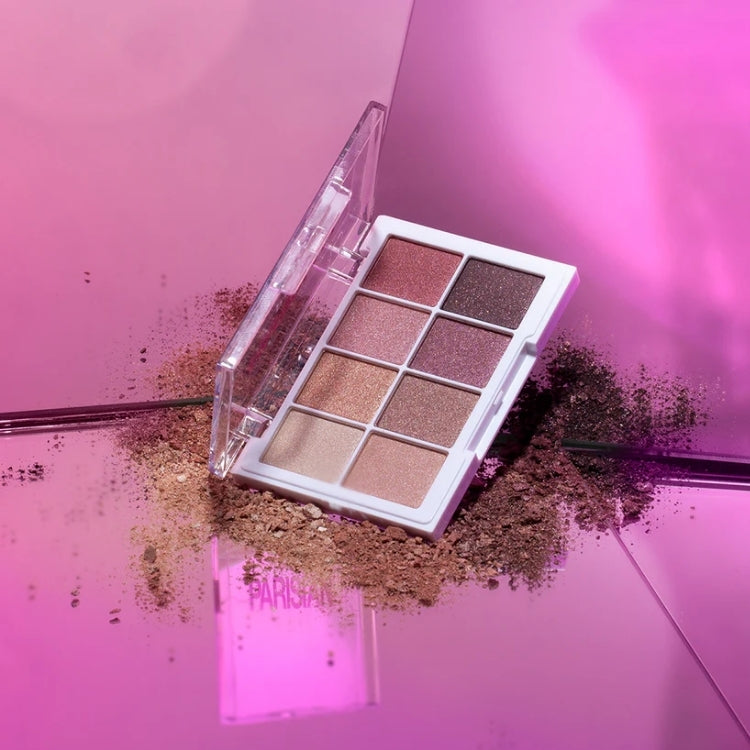 Eye Palette - Parisian Pinks met 9 glanzende en matte tinten in een stijlvolle, doorzichtige verpakking.