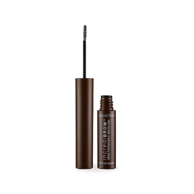 Incredibrow Semi-Permanent Brow Gel 2 - Medium/Dark in een bruine verpakking met een applicator voor nauwkeurige aanbrenging.