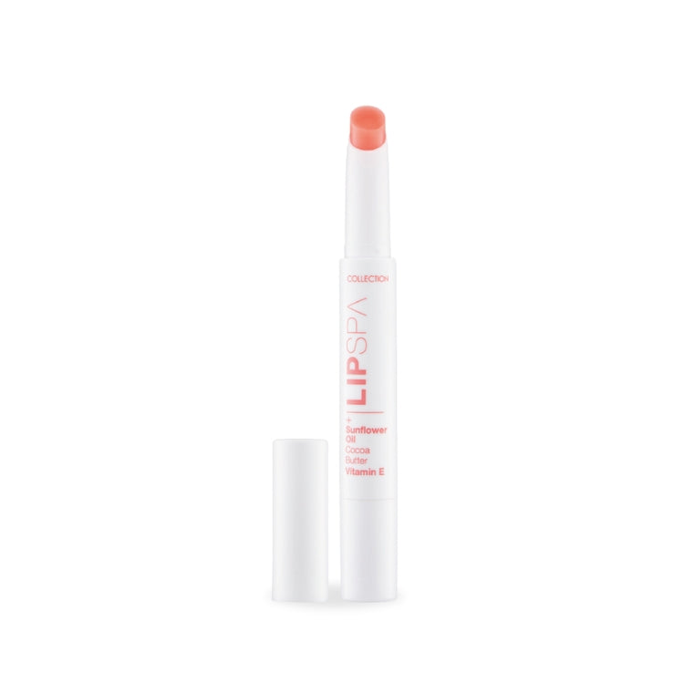 Lip Spa Lip Glow - Sheer Coral in een witte verpakking met een zachte, koraalkleurige lippenbalsem.