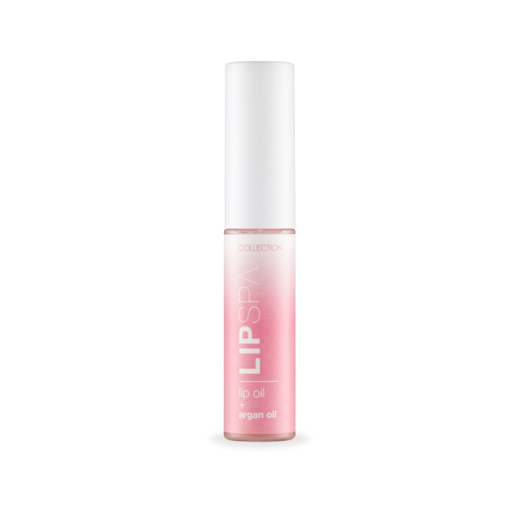 Lip Spa Lip Oil in een slanke, transparante verpakking met een roze tint en witte dop. Hydrateert en verzorgt de lippen.