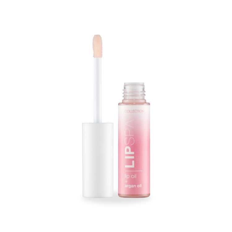 Lip Spa Lip Oil in een transparante verpakking met een witte dop, lichtroze kleur en applicator voor een glanzende finish.