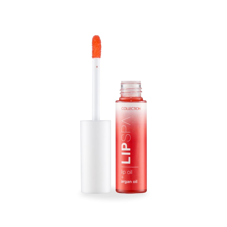 Lip Spa Lip Oil in een transparante verpakking met een oranje tint en applicator voor verzorgde lippen.