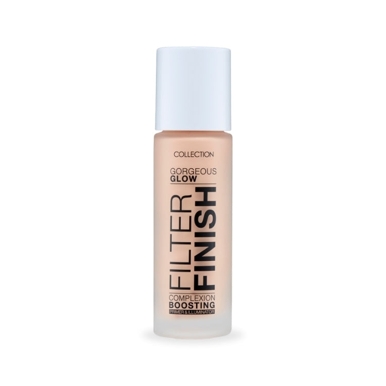 Gorgeous Glow Filter Finish in een slanke, transparante fles met een lichte tint voor een stralende huid.