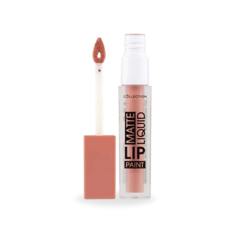 Matte Liquid Lip Paint in een nude tint met een applicator, verpakt in een doorzichtige tube.