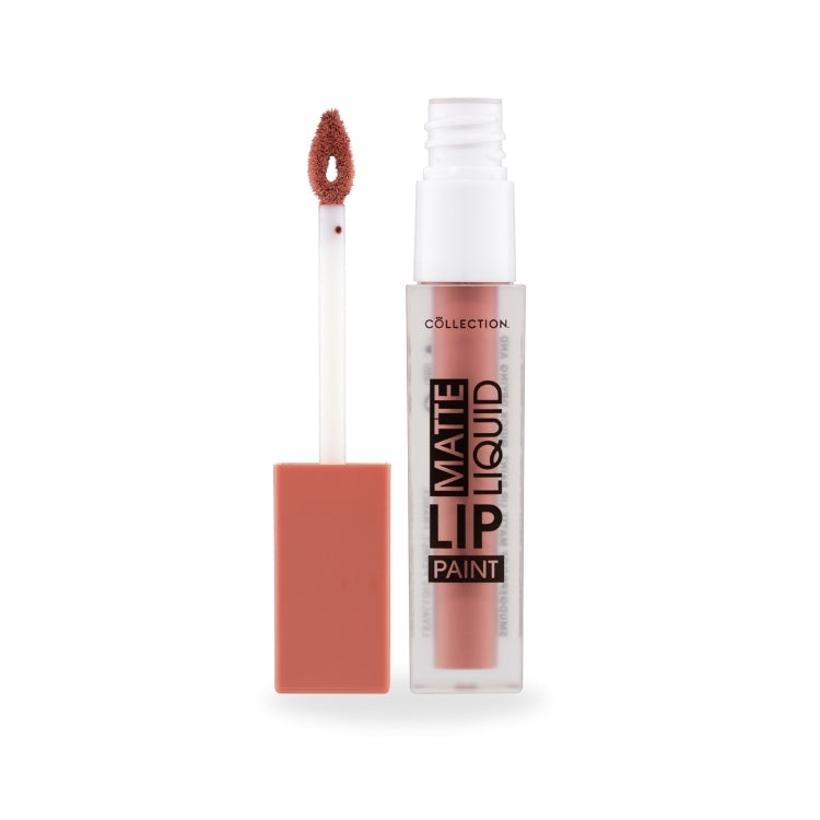 Matte Liquid Lip Paint in een zachte nude kleur met applicator, verpakt in een transparante tube.