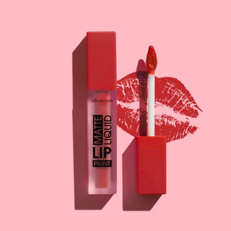 Matte Liquid Lip Paint in een transparante verpakking met een rode dop en applicator, op een roze achtergrond met lipafdruk.