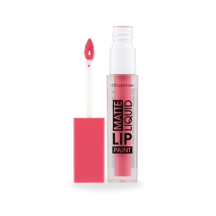 Matte Liquid Lip Paint in een transparante tube met een roze lippenborstel voor een matte finish.
