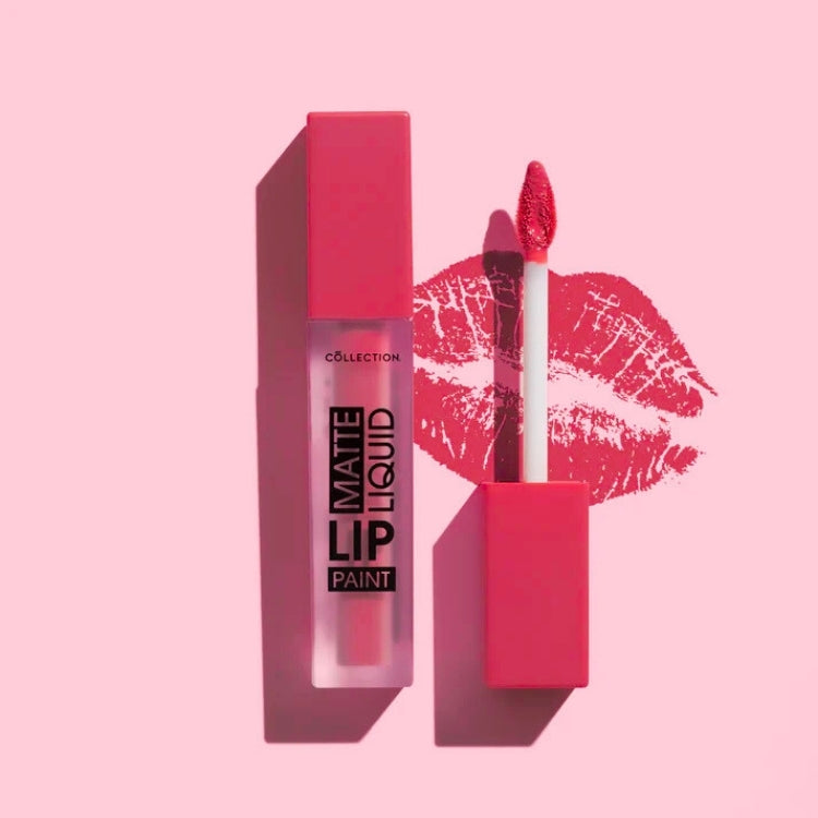 Matte Liquid Lip Paint in felle roze tint met applicator, verpakt in een transparante tube.