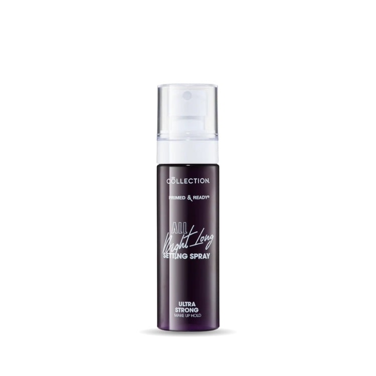 Primed & Ready All Night Long Setting Spray in een elegante, paarse sprayfles voor een langdurige make-up fixatie.