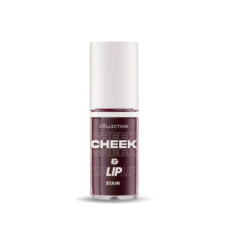 Collection Lip & Cheek Stain in een stijlvolle, transparante verpakking met een paarse tint voor lippen en wangen.
