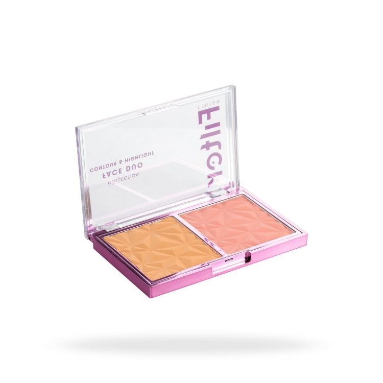 Filter Finish Face Duo in een roze verpakking met twee kleuren: een bronzer en een blush. Perfect voor een stralende look.