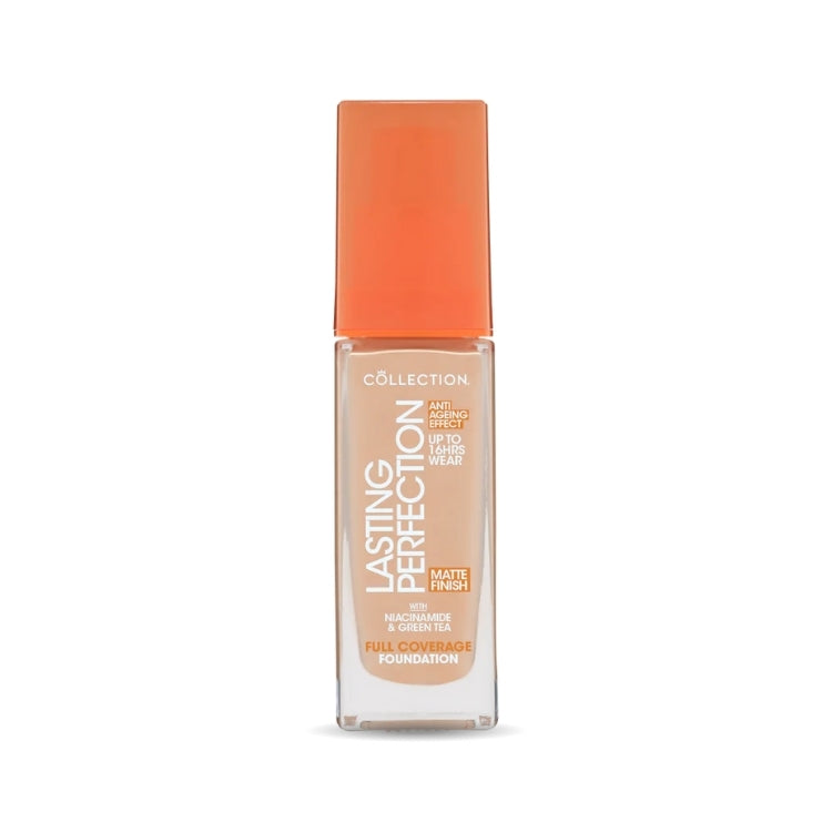 Lasting Perfection Matte Foundation in een slanke glazen verpakking met een oranje dop, ideaal voor een matte finish.