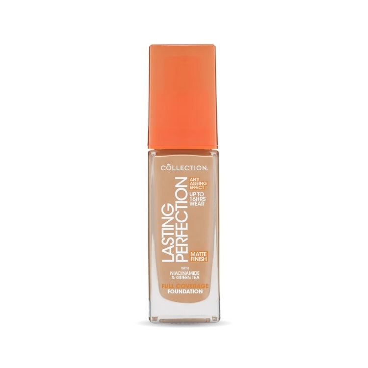 Lasting Perfection Matte Foundation in een transparante fles met oranje dop, ideaal voor een matte finish.