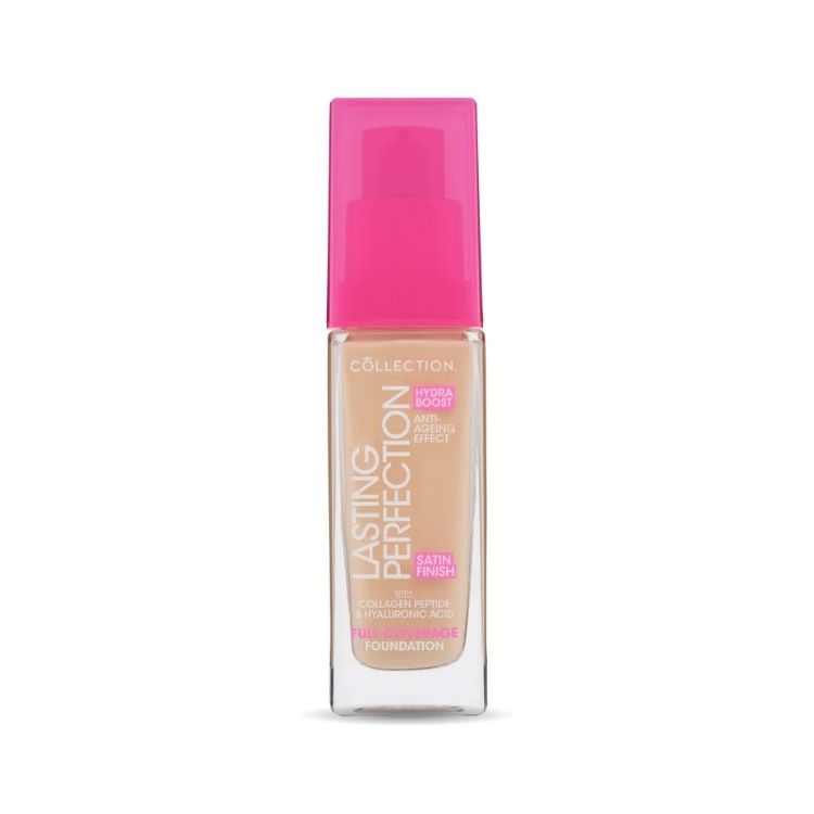 Lasting Perfection Satin Foundation in een transparante fles met een roze pomp, ideaal voor een egale huid.