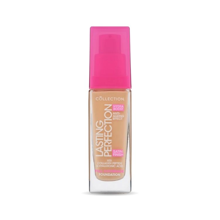 Lasting Perfection Satin Foundation in een glazen fles met een roze pomp, ideaal voor een egale teint.