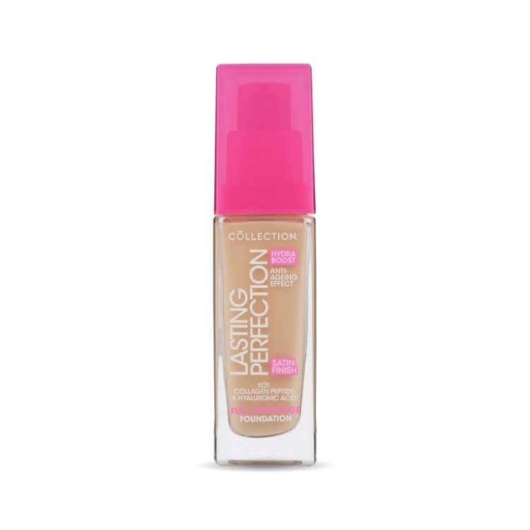 Lasting Perfection Satin Foundation in een transparante fles met een fuchsia pomp, ideaal voor een egale teint.