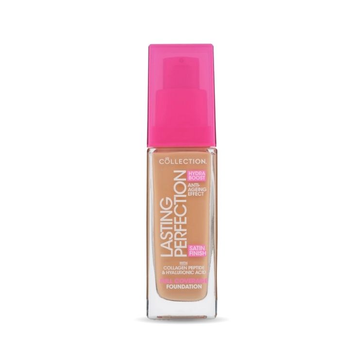 Lasting Perfection Satin Foundation in een transparante fles met een fuchsia pomp, biedt een satijnachtige finish.