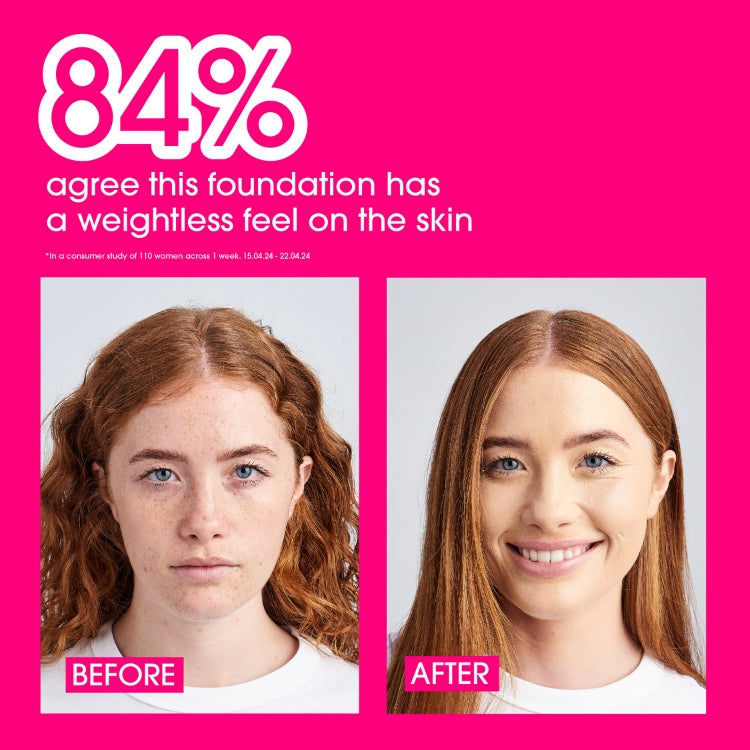 Lasting Perfection Satin Foundation in een lichte verpakking, toont voor en na effect op de huid van modellen.