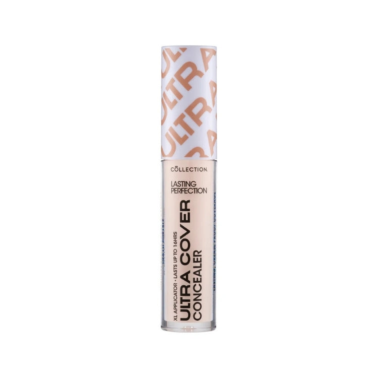 Ultra Cover Concealer in een slanke, doorzichtige verpakking met een witte dop en een lichte kleur voor een perfecte dekking.