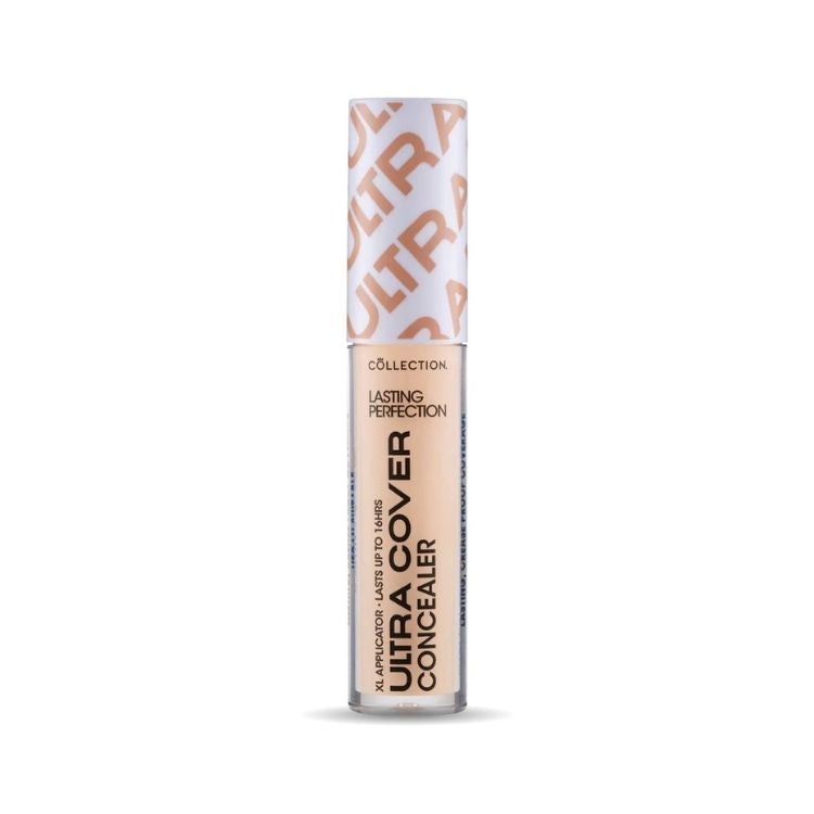 Ultra Cover Concealer in een slanke, doorzichtige verpakking met een lichte beige tint voor een perfecte dekking.