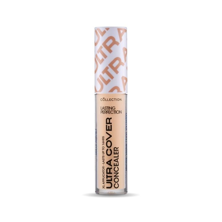 Ultra Cover Concealer in een slanke, doorzichtige verpakking met een lichte beige tint voor een perfecte dekking.