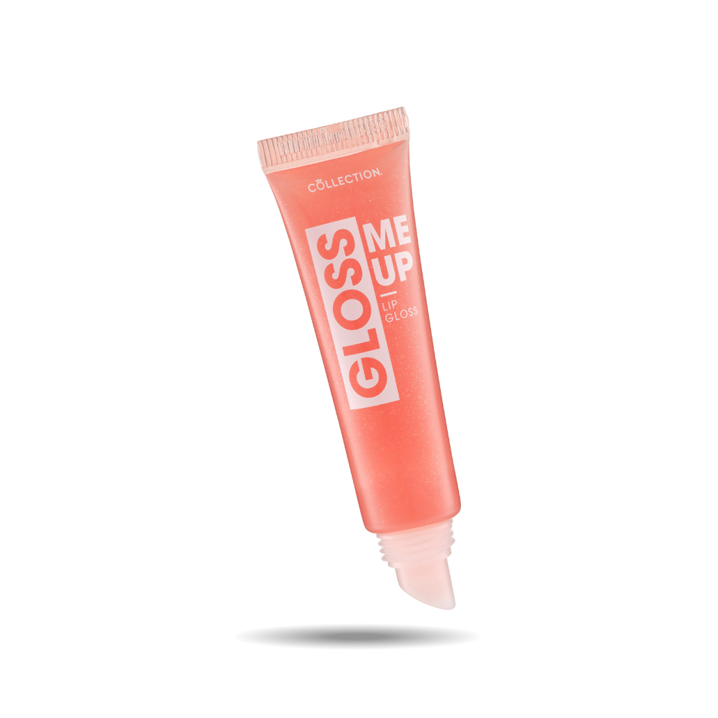 Gloss Me Up Lip Gloss in een transparante tube met een zachte perzikkleur en een handige applicator.