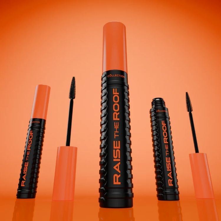 Raise the Roof Mascara in een opvallende oranje verpakking met zwarte details en een unieke, ribbelige vorm.